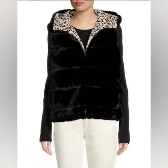 ADRIENNE LANDAU Reversible Faux Fur Hooded Vest Black / Animal $295 - Picture 3 of 15